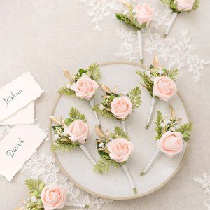 Ling's Moment Blush  Boutonniere for Men Wedding with Pins, Set of 10